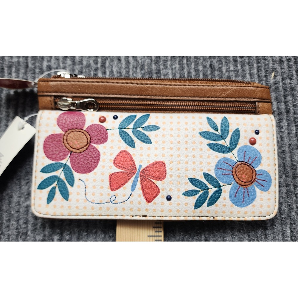 Kim Rogers Floral Butterfly Embroidered Smartphone Wallet Clutch Tan White